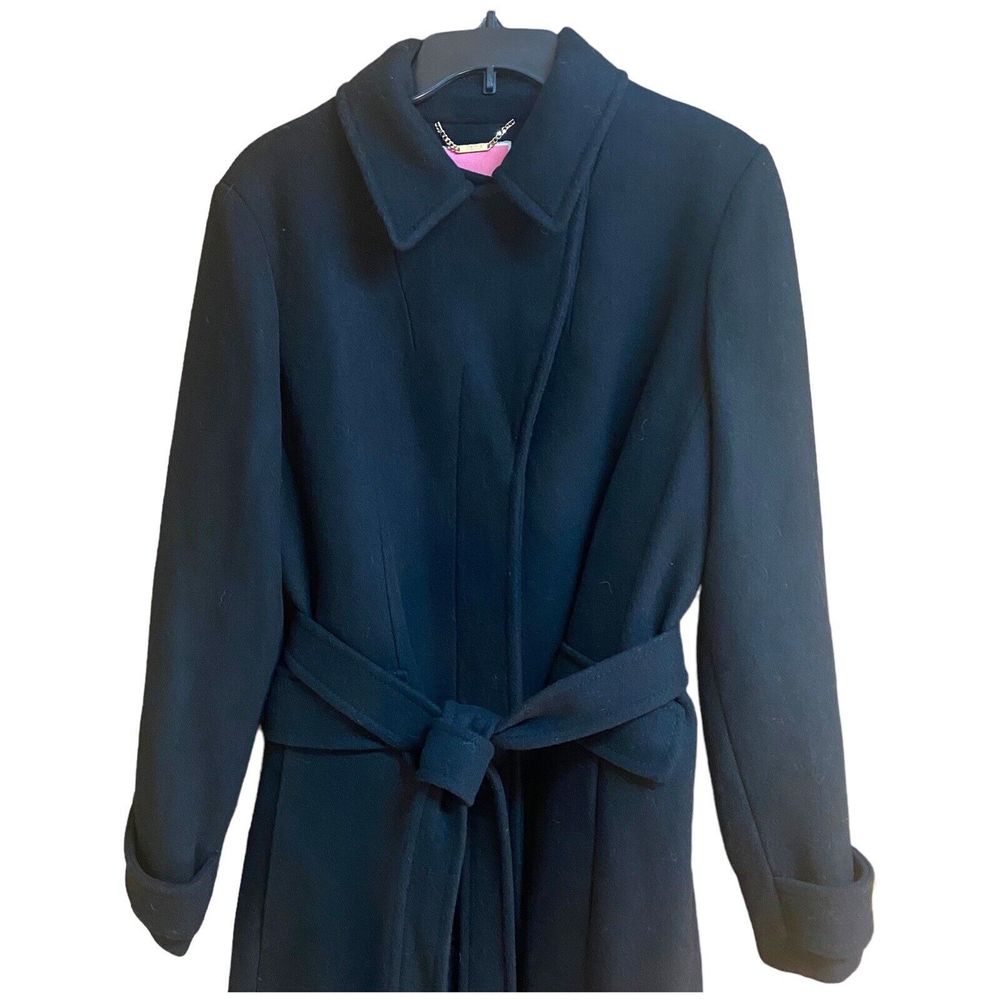 KATE SPADE New York Notched Lapel Belted Heavy Wool Blend Coat Black Trench Lg